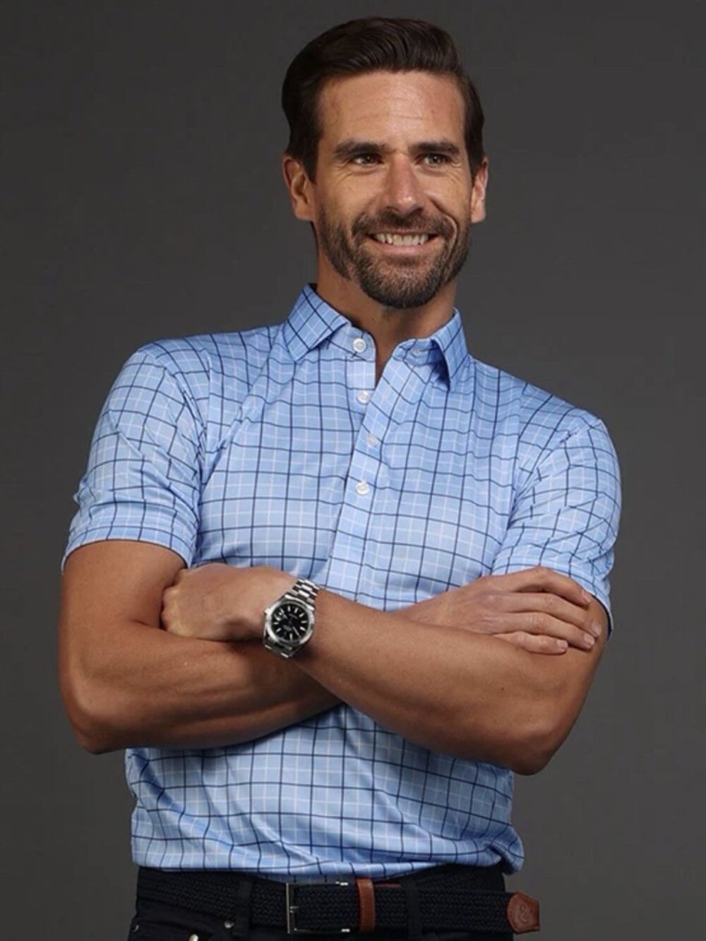 Collars & Co. Semi-Spread Collar Polo Shirt Blue Windowpane Sz Large Golf NWT